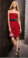       . (Short Soft Strapless Draped Dress with Belt.)